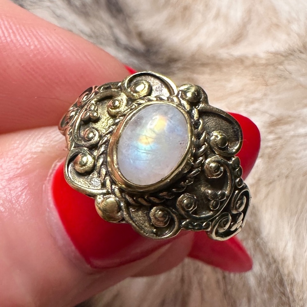 Solid Brass Filigree Moonstone Solitaire Ring - image 2